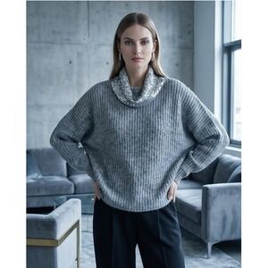 Love Change Womens M Gray Wool Blend‎ Sequin Cowl Neck Ribbed Knit Sweater